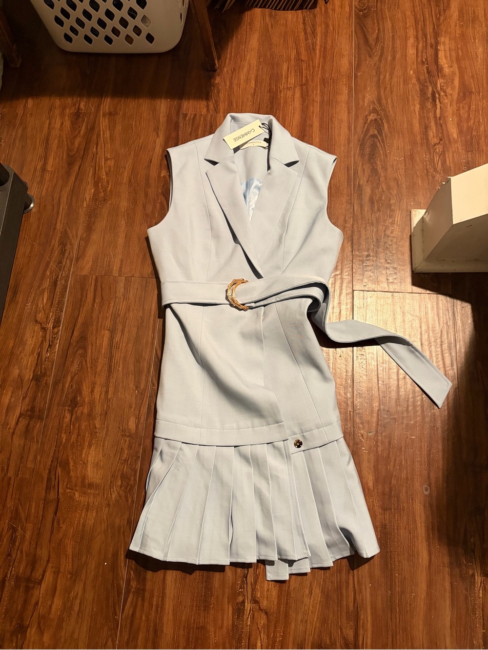 Commense Powder Blue Sleeveless Belted Pleated Mini Dress